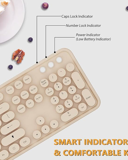 Wireless Keyboard,KOOTOP Cute Colorful 104 Keys Typewriter Retro Round Keycaps Keyboard for PC Laptop,Desktop,Windows, Home and Office Keyboards, s500 coffee