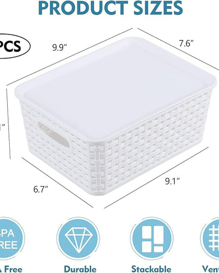 Hespama 6 Packs Lidded Storage Baskets, Plastic Desktop Organizer Baskets, White