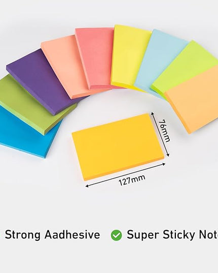 Sticky Notes Large 1000 Sheets,3 x 5'' Self-Stick Note Pads,Bright Colorful Sticky Notes 76x127mm,Super Sticking Memo Pads Clean Removal,Easy to Post Sticky Pads for Office Home School,10 Pack