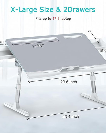 Laptop Bed Tray Desk, Foldable and Adjustable Lap Table with Heights and Angles, Upgraded-Sturdy Laptop Lap Desk for Bed/Sofa/Couch/Floor (2 Drawers, X-Large, Grey)