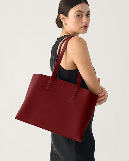 Work Tote Bags for Women 14 Inch - Work Bag Laptop Bag with Zip Compartments - Large PU Leather Office Computer Briefcase