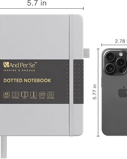 &And Per Se Dotted Journal Notebook, A5 Hardcover Leather Bullet Dotted Journal, 160 Pages 100 gsm Thick Paper, 3 Sheets of Stickers Included- 5.7'' x 8'' (Grey)