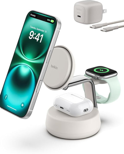 Belkin MagSafe Charger Compatible, 3-in-1 Charging Station, Qi2.2 25W w/Cooling Fan (On/Off Control) Magnetic Wireless Charger for iPhone 17, Apple Watch, AirPods, Pixel 10 (45W Adapter Included)