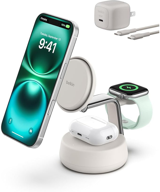 Belkin MagSafe Charger Compatible, 3-in-1 Charging Station, Qi2.2 25W w/Cooling Fan (On/Off Control) Magnetic Wireless Charger for iPhone 17, Apple Watch, AirPods, Pixel 10 (45W Adapter Included)