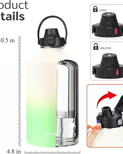 Water Bottle Insulated 32oz 40oz 64oz 128oz Straw Lid Spout Lid & 3 Lids, Leak Proof, Vacuum Insulated,Stainless Steel Water Bottle Wide Mouth for Sports, Gym or Office