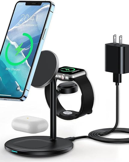 XooFly 3 in 1 Wireless Charging Station for Apple Devices, Fast Wireless Mag-Safe Charger Stand with 20W Adapter for iPhone 17/16 15 14 13 12 Pro Max/Pro/Plus/Air/Mini, iWatch, AirPods (Black)