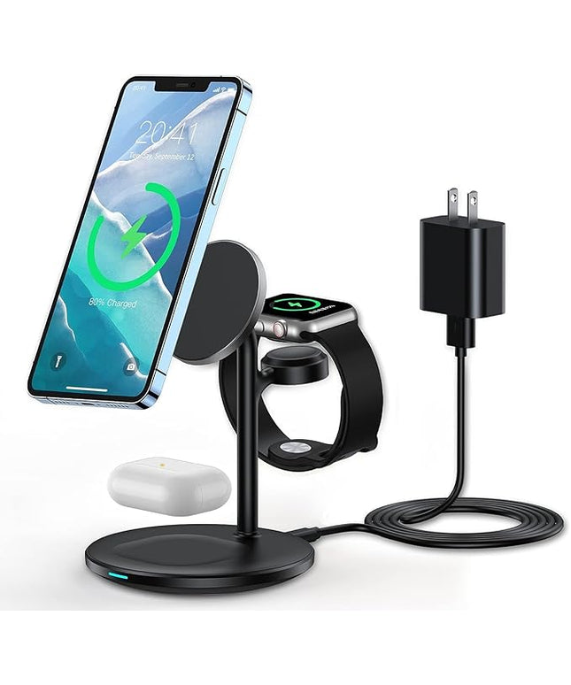 XooFly 3 in 1 Wireless Charging Station for Apple Devices, Fast Wireless Mag-Safe Charger Stand with 20W Adapter for iPhone 17/16 15 14 13 12 Pro Max/Pro/Plus/Air/Mini, iWatch, AirPods (Black)