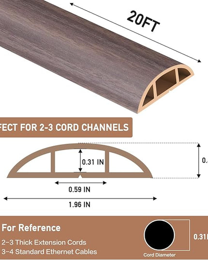 Floor Cord Cover Self Adhesive Cord Hider Floor Extension Cord Covers for Floor Power Cord Protector Cable Management Prevent Cable Trips Cable Cavity 0.59" W x 0.31" H (Brown Walnut Wood, 20Ft)