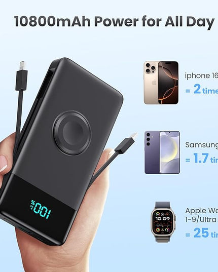 FOCHEW Portable Charger for iPhone with Built in Cables & Wall Plug,6-in-1 10800mah Power Bank with iWatch Charger, QC4.0+25W PD Fast Charging LCD Display Battery Pack for iPhone 16/15/14,Android