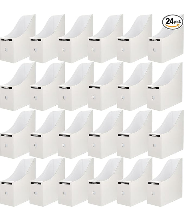 Limitliho 24 Pack White Cardboard Magazine File Holder for Desk, Shelves, Office or Home, Vertical Book Bins for Classroom and Library Use, 10.6'' H×10.2'' L ×3.5''W Folder Organizer Box