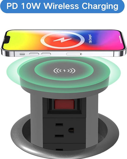 Pop up Outlet for countertop 4.72in Desk Grommet Power Station PD20W USB C 4 Outlets 3 USB Ports 1 Wireless charger 15A Outlets Fast charging Space Saver Outlet for Kitchen Office 6ft Cord