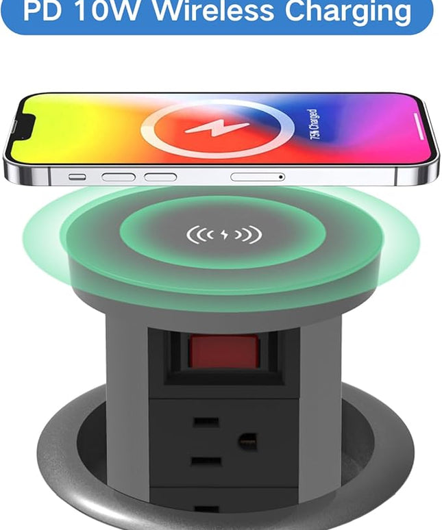 Pop up Outlet for countertop 4.72in Desk Grommet Power Station PD20W USB C 4 Outlets 3 USB Ports 1 Wireless charger 15A Outlets Fast charging Space Saver Outlet for Kitchen Office 6ft Cord