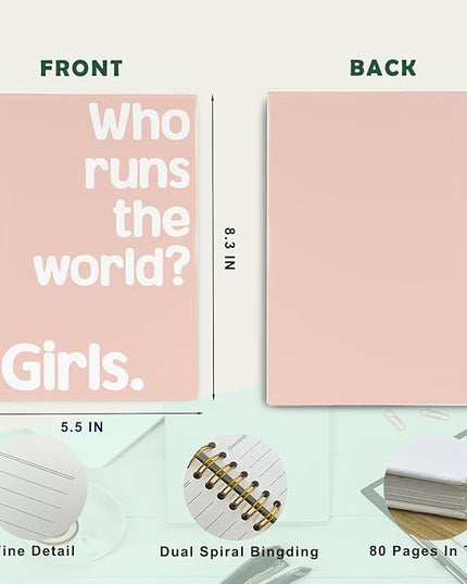 JKMBN Who Runs The World Journaling Notebooks, Pink Preppy Spiral Notebook, Inspirational Gifts for Women Teen Girls, Hardcover Spiral Notebooks College Ruled 5.5 x 8.3