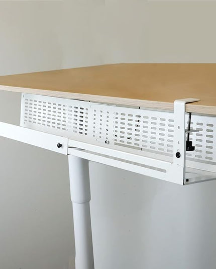 AEONS Under Desk Cable Management Tray Kit - Horizontal Adjustable up tp 41” Desk Organizer Removable C Clamp Mount Reversiable Computer Cord Raceway and Modesty Panel for Large Table, White/Beige