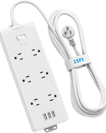 15 FT Extension Cord Surge Protector Power Strip 6 Super Wide Spaced Outlets, NTONPOWER Flat Plug Surge Protector Wall Mount with 3 USB, 1875W, 15A, 1700 Joules, Overload Protection for Home Office