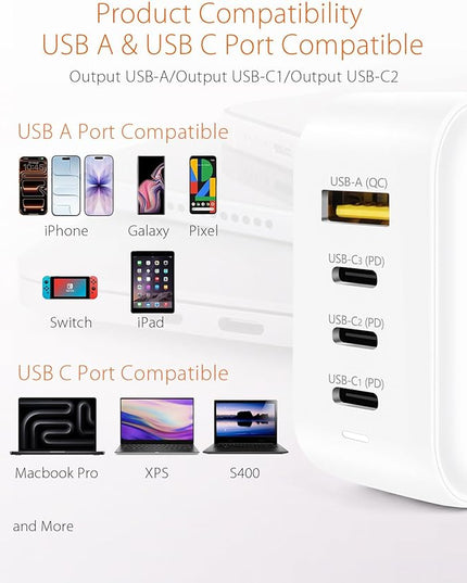 3inuS 100W USB C GaN Wall Charger for Smart Phone 17/16 Pro/Pro Max/Plus, Plug Foldable 4-Port PD USB-C Charger with Traveller Adapters, use for Tablet, Mac Book Laptops etc.