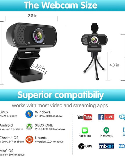 Webcam HD 1080p ,Live Streaming HD Camera with Stereo Microphone, PC Desktop or Laptop USB Webcam with 110 Degree View Angle, for Switch 2,Video Calling, Recording, Conferencing, Streaming, Gaming
