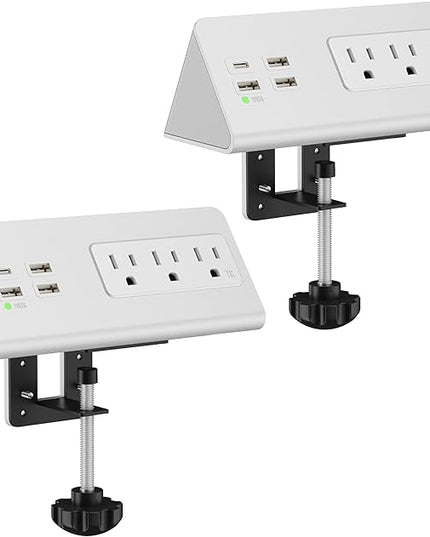 Nightstand Edge Mount Power Strip with USB-C Ports Tabletop Surge Protector Desk Clamp Power Sockets with 3 AC Outlets &4 Fast Charging USB Ports for Home Office Hotel and Dormitory (White(2-Pack))