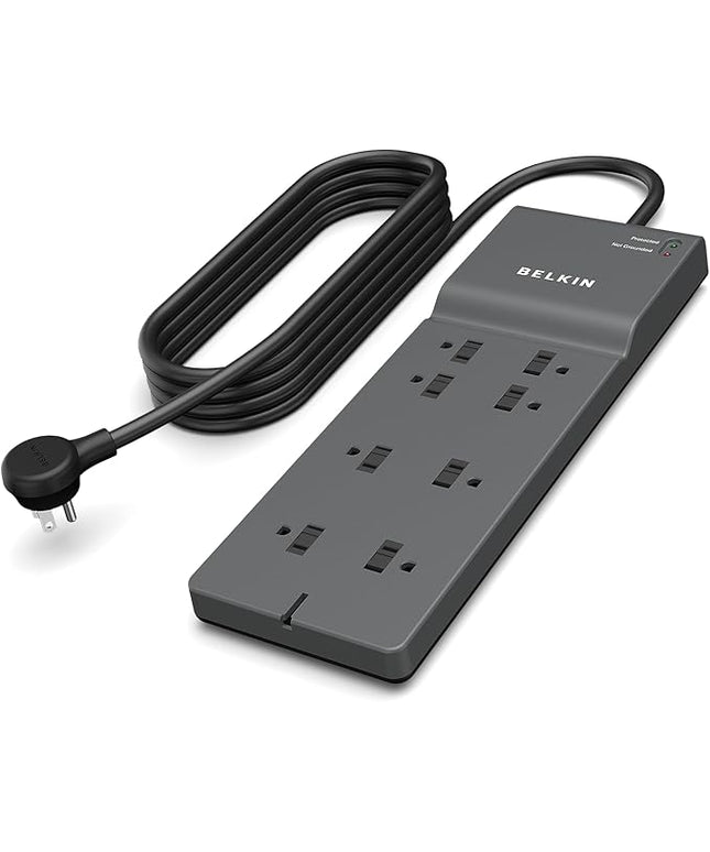 Belkin 8-Outlet Surge Protector w/ 8 AC Outlets & 8ft Long Flat Plug, UL-listed Heavy-Duty Extension Cord for Home, Office, Travel, Computer Desktop, Laptop, Phone Charger - 2,500 Joules of Protection