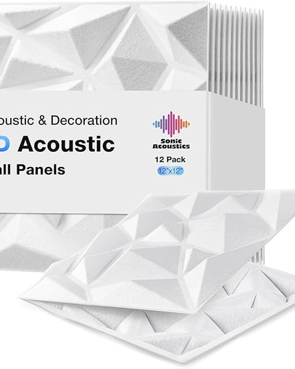 Acoustic 3D Wall Panels, 12 Pack Square Sound Proof Panels for Interior Wall Décor, Hollow Sound Absorbing Panel for Studio, Living Room, Home, Hotel, 12''x12'' Cover 12 sq ft, Thin style, White