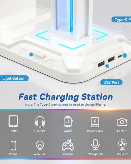 KDD Headset Stand with Charging Station - Detachable Controller Holder with 9 Light Modes - Rotatable Headphone Hanger with USB A&C Charger Ports - Earphone Hook for PC Gaming Accessories Storage