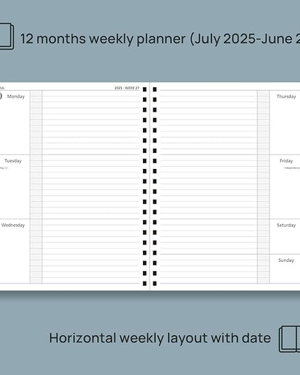 POPRUN Planner 2025-2026, Horizontal Weekly Notebook Jul.25-Jun.26 (Large 8.5''x 10.5''), Academic Calendar Book with Monthly Tabs, Spiral Soft Cover, Inner Pocket, 100 GSM - Aquamarine