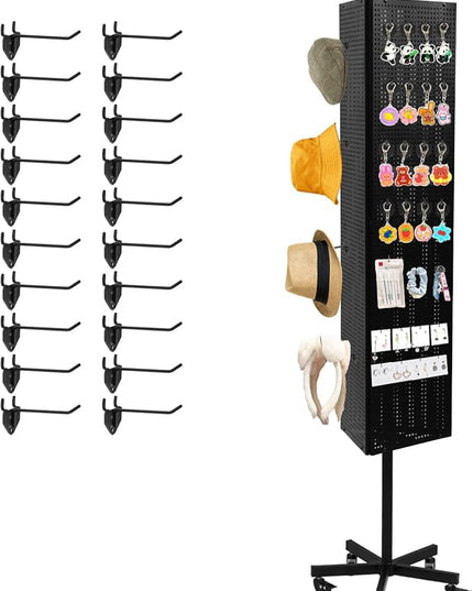 Triangular Metal Pegboard Panels Display with Base and Pole, Black Pegboard Display Stand with Wheels, Jewelry Display Rack, Art Display Stand, Extra 20 pieces Hooks