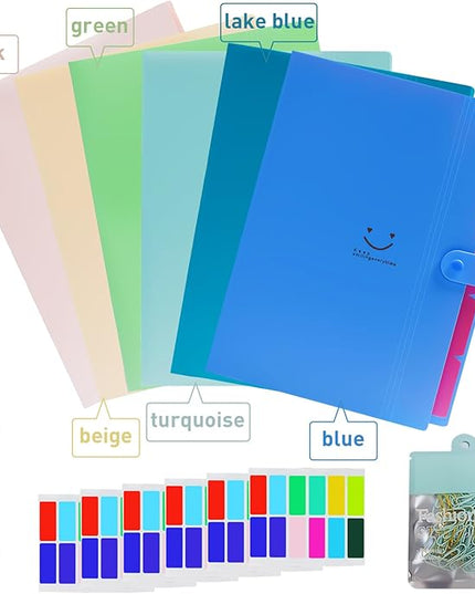6 PCS Expanding File Folders,A4 Letter Size Accordion Document Organizer,5 Pocket Expandable File Folder,Plastic File Organizer with 72 Labels,Snap Closure for School Office Supplies