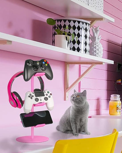 Controller Holder Pink,Headphone Stand,3 Tier Multi Adjustable Game Controller Headset Hanger for All Universal Gaming PC Accessories, Xbox PS4 PS5 Nintendo Switch(Cute Pink)