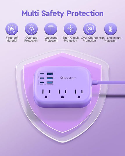 6 USB(3 USB C) Purple Travel Power Strip- 5Ft Purple Extension Cord with USB Charging Station 24W and 3 Outlets, Pink Desk Accessories for Cruise Travel Cute Kawaii Lavender Home Office Dorm Room