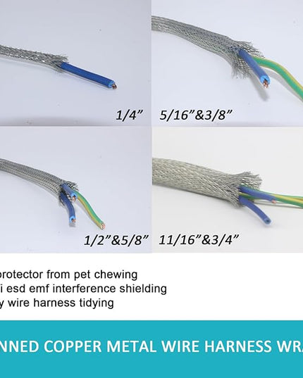 Tinned Copper Braided Cable Shielding Sleeve Metal Wire Loom Sheathing EMI RFI ESD Protector Grounding Mesh Flat Tubular Expandable 5/16" W(0.20" ID)-35FT