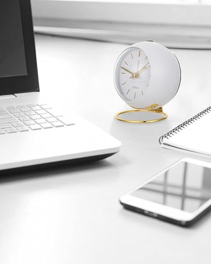 SHISEDECO Small Tableclocks Classic Non-Ticking Tabletop Alarm Clock with Night Light, Battery Operated Deskclock with HD Glass for Living Room Bedroom Bedside Indoor Decor (RN-White)