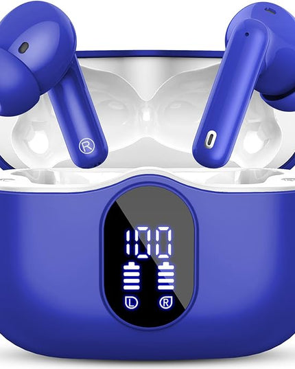Wireless Earbuds, Bluetooth 5.4 Headphones Bass Stereo, Ear Buds with Noise Cancelling Mic, LED Display in Ear Earphones Clear Calls, IP7 Waterproof Bluetooth Earbuds for Laptop/Phones/Sports, Blue
