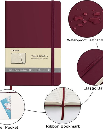 Comix Lined Journal Notebook for Women Men, Journaling Notebooks for Office School Home, Burgundy, 240 Pages, 5.5" x 8.3", College Ruled, A5, Hardcover