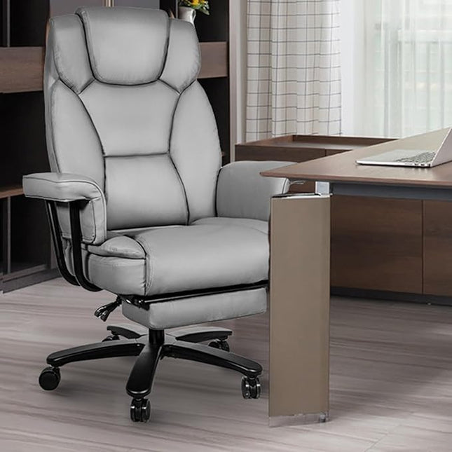 Reclining Office Chair with Footrest, Big and Tall Home Office Desk Chairs 400lbs with High Back, Criss Cross Wide Seat, Heavy Duty Base, Pu Leather, Grey