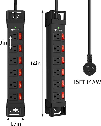 Heavy Duty Power Strip,6 Outlets Metal Power Strip with Individual Switch & Cord Management,Mountable Surge Protector 1200J,15FT Extension Cord(Black,15 FT)