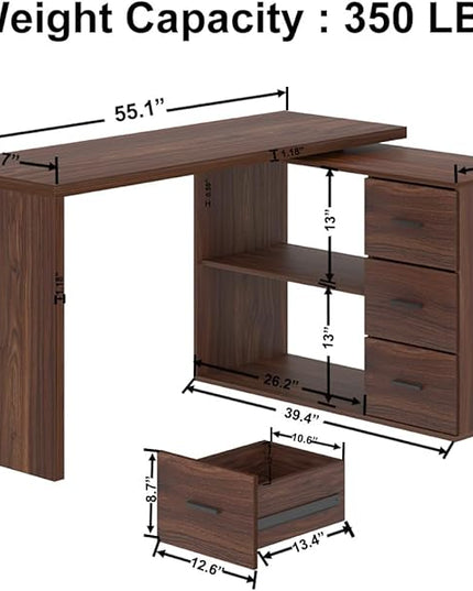 HSH 360 Rotating L Shaped Desk with Drawers, Walnut L Shape Computer Desk with Storage Cabinet Shelves, Rustic Home Office Desk for Executive Writing Study Work, Swivel Desk Wood Table, 55 Inch