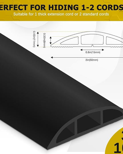 Floor Cord Cover 10FT Cord Covers for Wires on Floor Protect Wires & Prevent Trip Hazards, Easy to Cut for Home, Office, School, Concerts, Cavity W0.6in x H0.32in