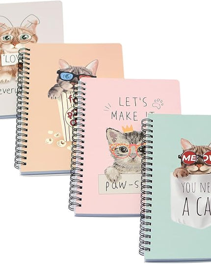 Yansanido Spiral Notebook, 4 Pcs A5 Thick Cat Design Hardcover 8mm Ruled 4 Color 80 Sheets -160 Pages Journals for Study and Notes (Cat)
