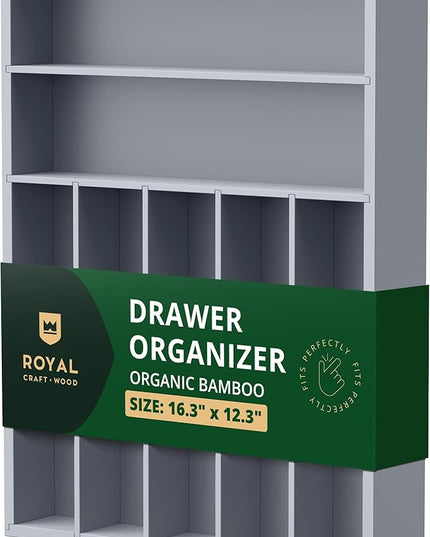 ROYAL CRAFT WOOD Luxury Bamboo Kitchen Drawer Organizer - Silverware Organizer - Utensil Holder and Cutlery Tray with Grooved Drawer Dividers for Flatware and Kitchen Utensils (7 Slot, Gray)