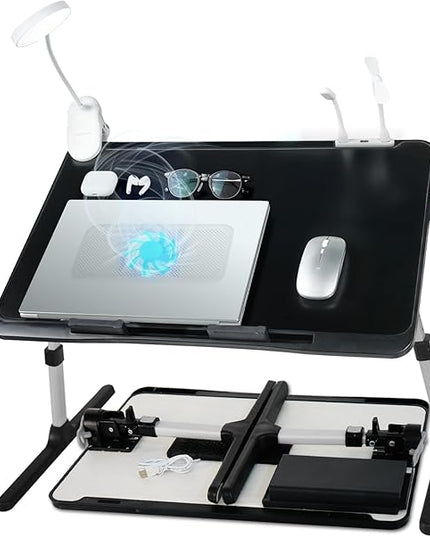 iXTRA Laptop Lap Desk Include Cooling Fan,Adjustable Lap Desk with Light Fan,Folding Laptop Desk for Bed with USB,Bed Desk with Storage Drawer 56 * 32cm,Black