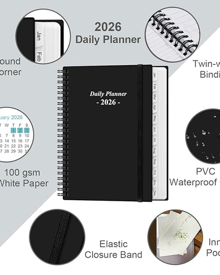 Daily Planner 2026 Full Page Per Day- 2026 Daily & Monthly Planner from January 2026 to December 2026, Day Planner 2026 with 12 Months Tabs, 6.4" x 8,5", Black