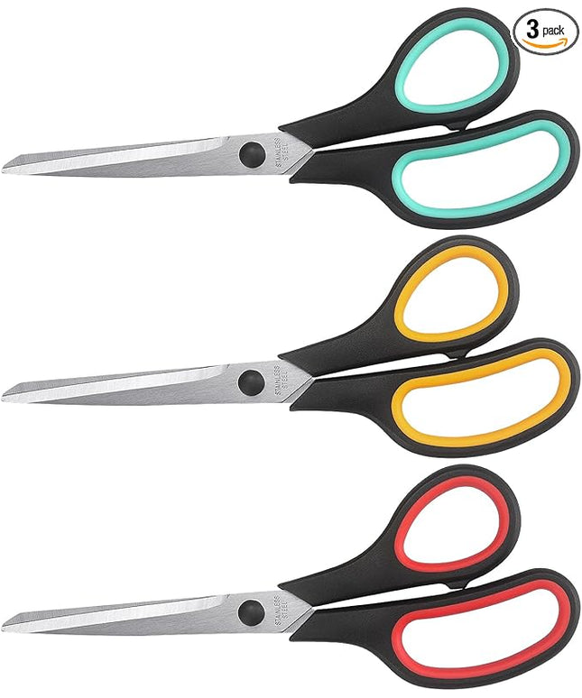 Scissors 8.5 Inch scissors all purpose Bulk Set of 3, Scissors for Office Home School Craft Supplies, Soft Comfort-Grip Right/Left Hand, Black