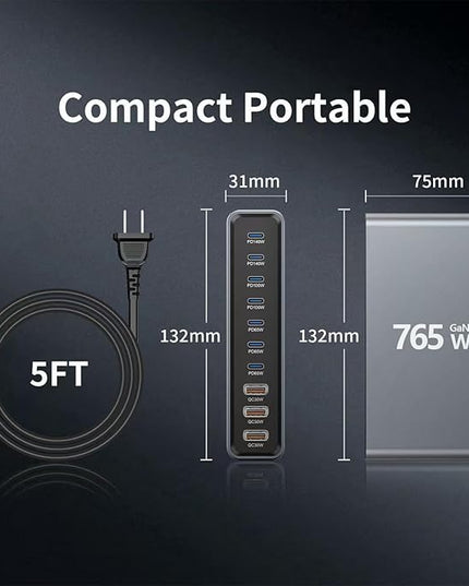 765W 10-Port GaN 3 Desktop Charging Station for Phones, Tablets, Laptops, Smartwatches & Earphones - Home, Office & Travel Compatible