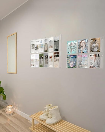 Acrylic Brochure Pamphlet Holder, 6 Magazine Holders and 12 Pamphlet Holders, Clear Brochure Display Holder Wall Mount, Trifold Flyer Rack, Literature Storage Rack for Home, Offices, Waiting Room