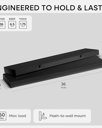 Homeforia Black Floating Shelves 36 inches Long, High End Solid Real Wood 36 inch Floating Shelf for Wall Mounted, Black Wooden 36in Floating Shelves, Heavy Duty Bracket, 36 X 6.5 X 1.75 in, Set of 2
