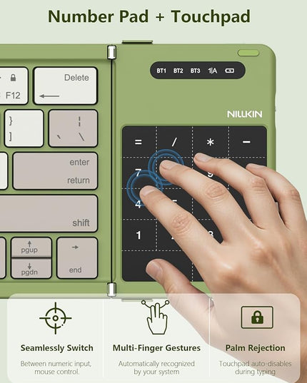 Nillkin Foldable Bluetooth Keyboard with Touchpad & Number Pad, Portable Bluetooth Keyboard with Full Size Keys, Pocket-Sized Wireless Travel Keyboards for iPad, Smartphone, Tablet and Laptop Green