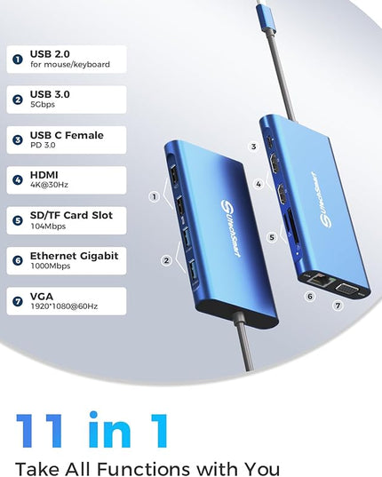 UtechSmart 11 in 1 Docking Station, Triple Monitors USBC Laptop Docking Station with 2 HDMI, VGA, PD3.0, SD TF Card Slot, 4 USB Ports USB-C Adapter Compatible for MacBook & Windows(Blue)