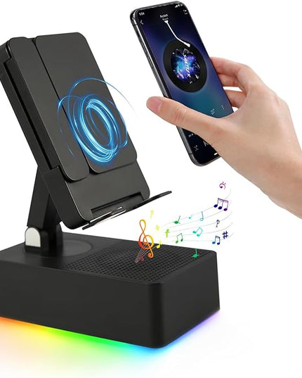 Wireless Induction Bluetooth Speaker, 5-in-1 Foldable Phone Holder, 1500mAh Emergency Charging, Colorful LED Ambient Light, Tech Gadgets Gifts for Men Women, for iPhone Android Tablet, Black