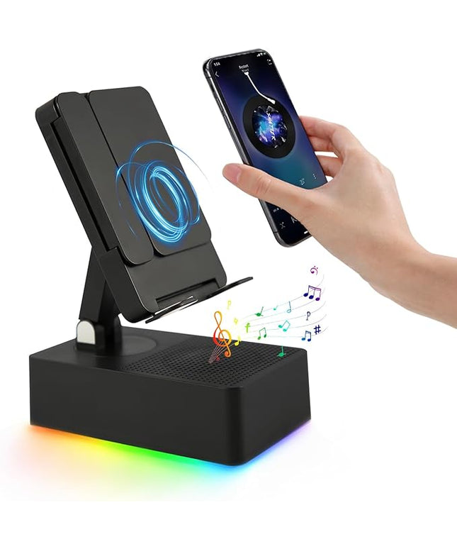 Wireless Induction Bluetooth Speaker, 5-in-1 Foldable Phone Holder, 1500mAh Emergency Charging, Colorful LED Ambient Light, Tech Gadgets Gifts for Men Women, for iPhone Android Tablet, Black